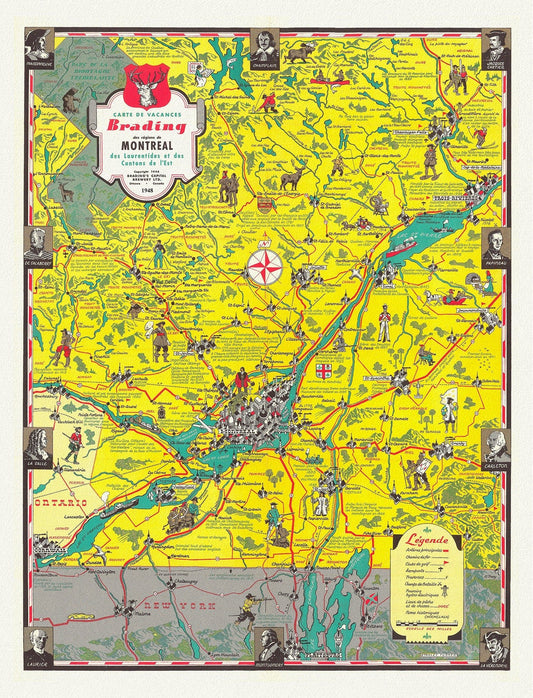 Montreal, Carte des Vacances des regions, 1948, map on durable cotton canvas, 50 x 70 cm, 20 x 25" approx. - The Map Chest