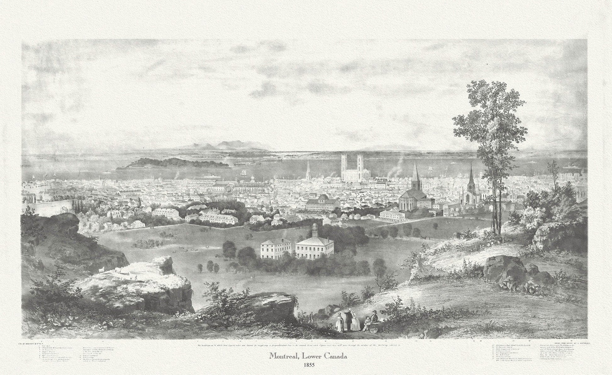Montreal, Lower Canada, 1855, Whitfield auth., vintage print reprinted on durable cotton canvas, 50 x 70 cm, 20 x 25" approx. - The Map Chest
