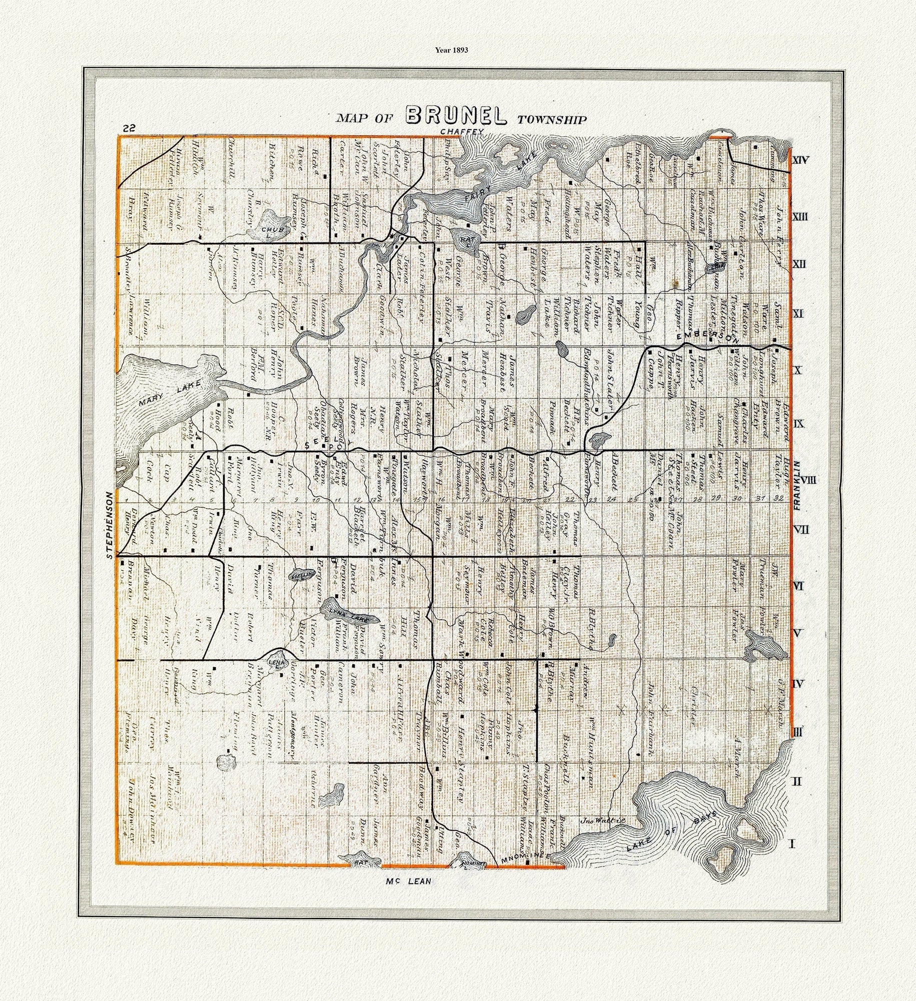 Muskoka - Haliburton, Brunel Township, 1893, map on heavy cotton canvas, 20 x 25" approx. - The Map Chest