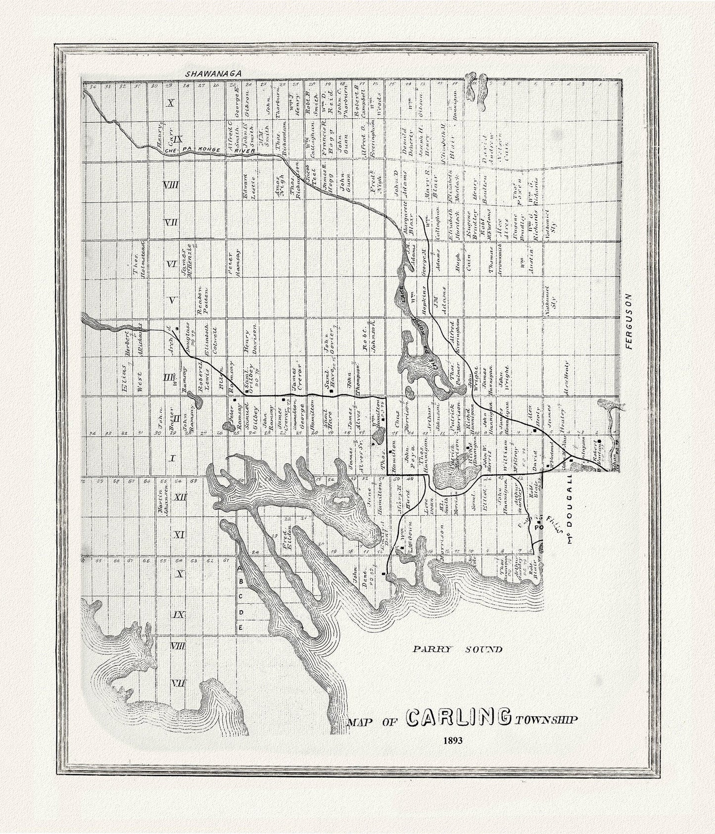 Muskoka - Haliburton, Carling Township, 1893, map on heavy cotton canvas, 20 x 25" approx. - The Map Chest