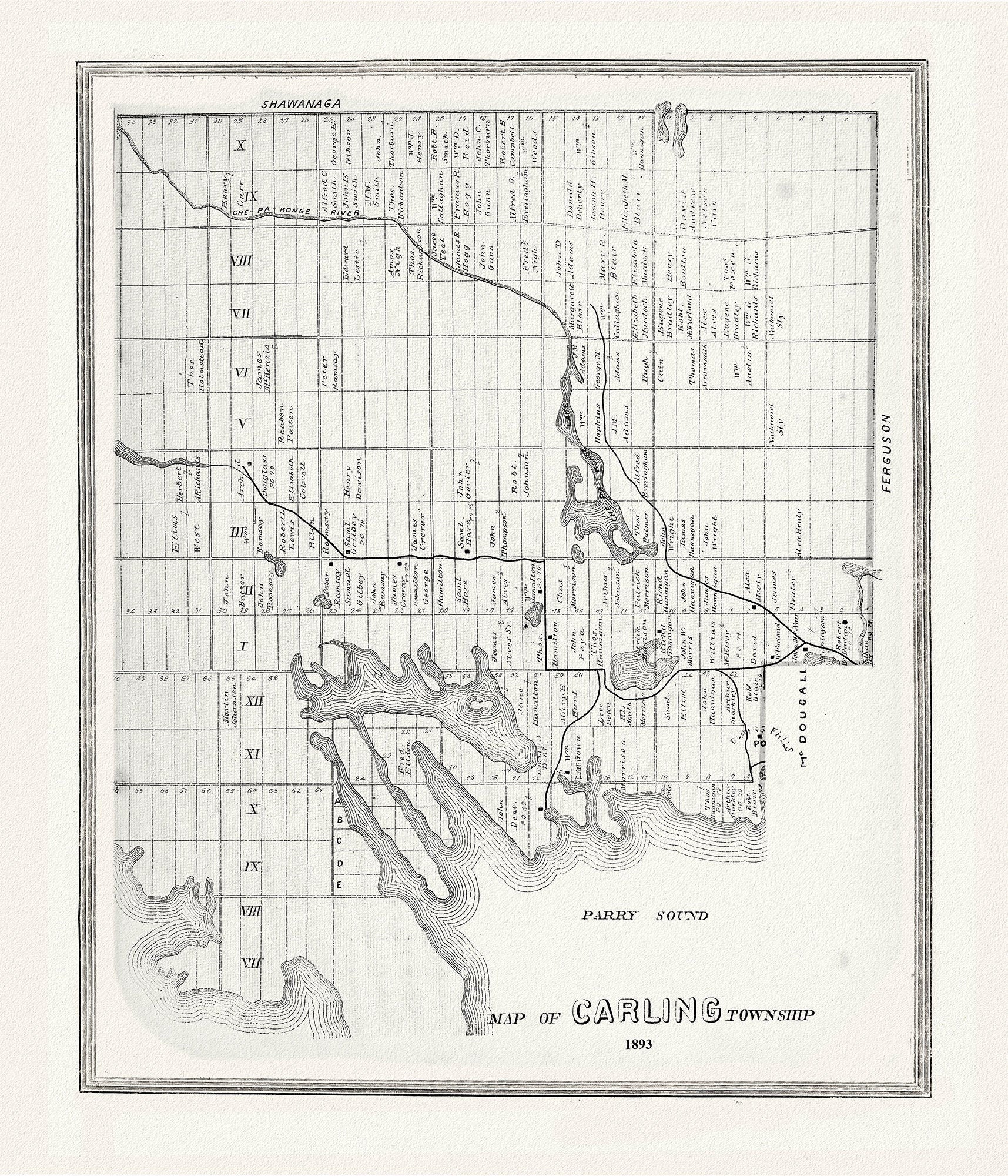 Muskoka - Haliburton, Carling Township, 1893, map on heavy cotton canvas, 20 x 25" approx. - The Map Chest