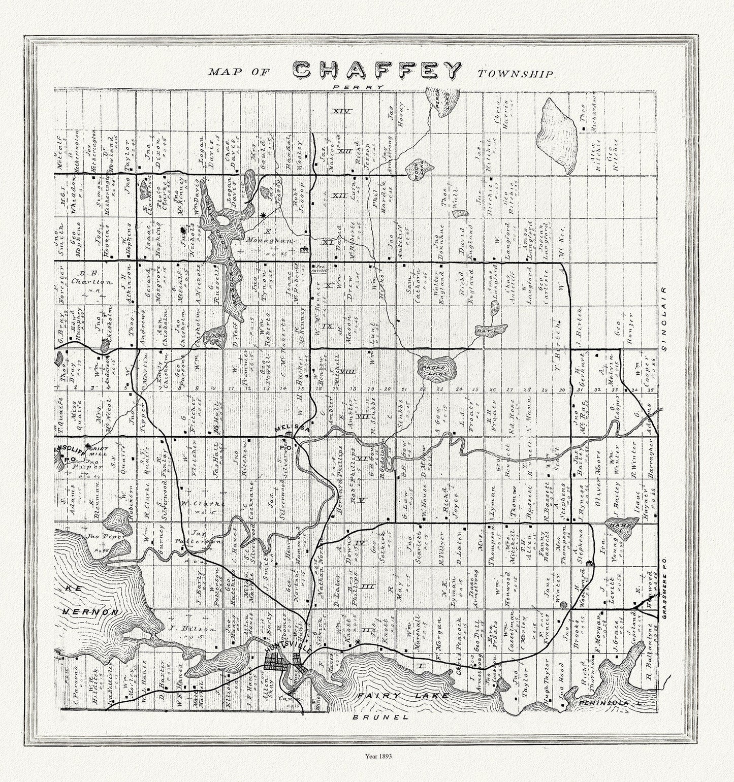 Muskoka - Haliburton, Chaffey Township, 1893, map on heavy cotton canvas, 20 x 25" approx. - The Map Chest