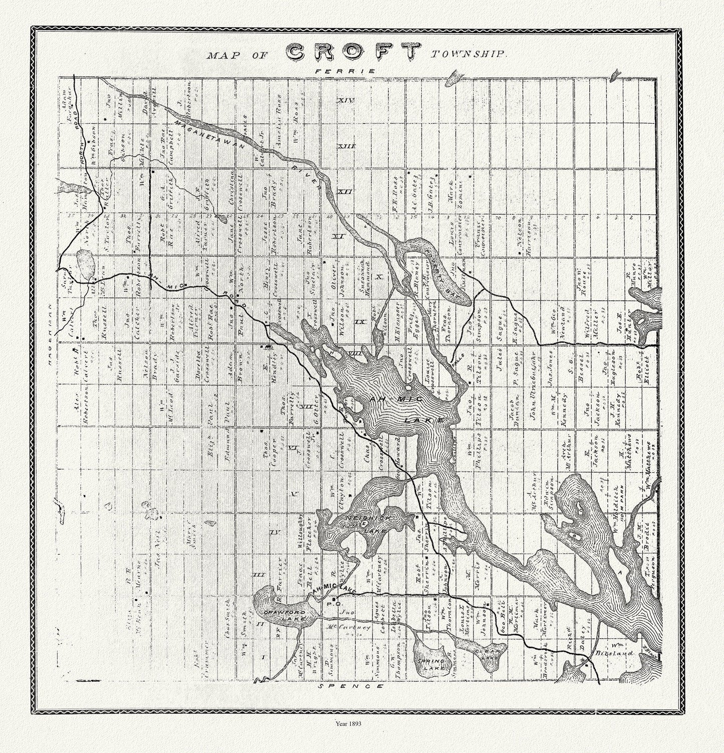 Muskoka - Haliburton, Croft Township, 1893 , map on heavy cotton canvas, 20 x 25" approx. - The Map Chest