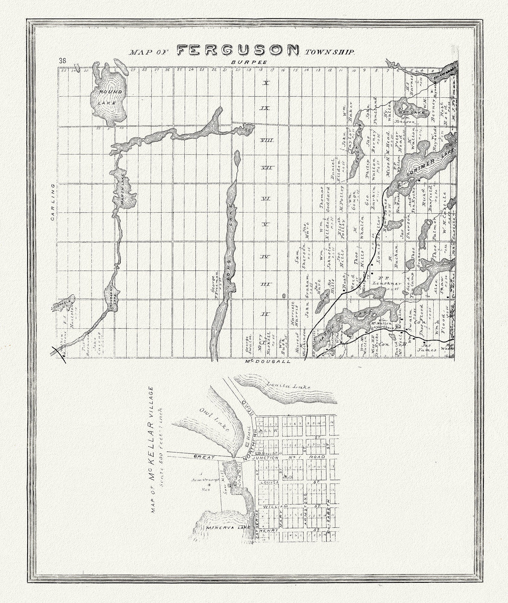 Muskoka - Haliburton, Ferguson Township, 1893, map on heavy cotton canvas, 20 x 25" approx. - The Map Chest