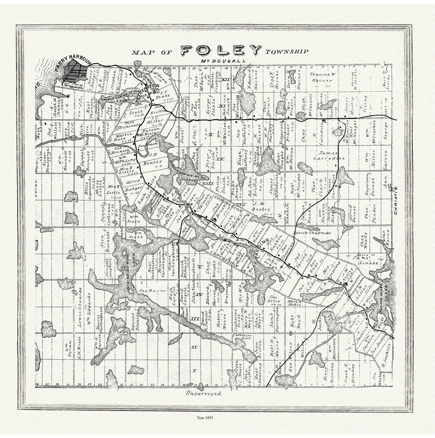 Muskoka - Haliburton, Foley Township, 1893, map on heavy cotton canvas, 20 x 25" approx. - The Map Chest