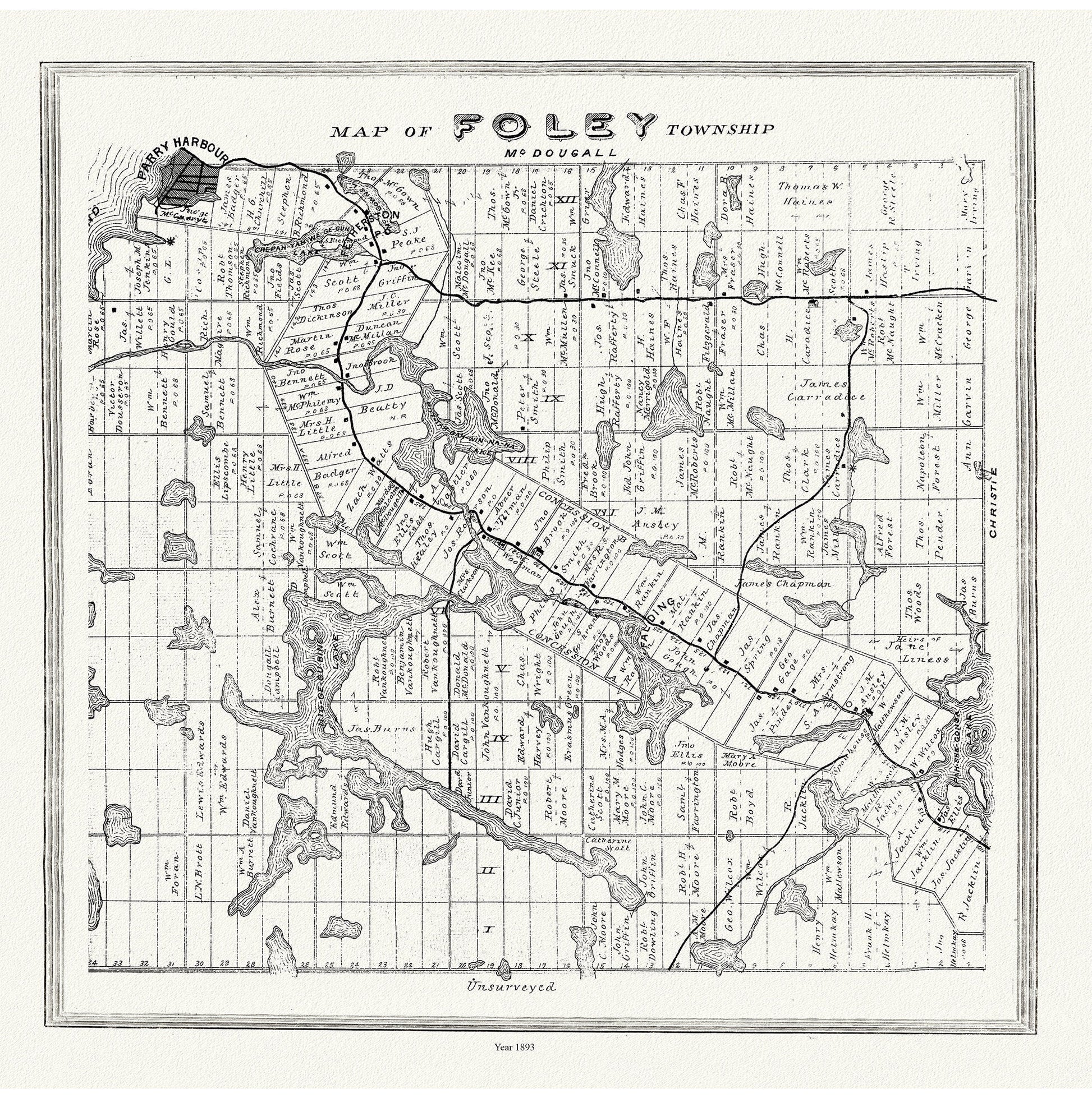 Muskoka - Haliburton, Foley Township, 1893, map on heavy cotton canvas, 20 x 25" approx. - The Map Chest