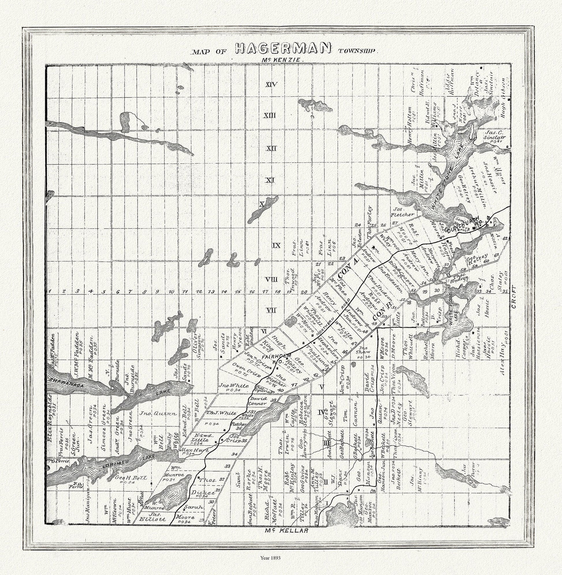 Muskoka - Haliburton, Hagerman Township, 1893, map on heavy cotton canvas, 20 x 25" approx. - The Map Chest