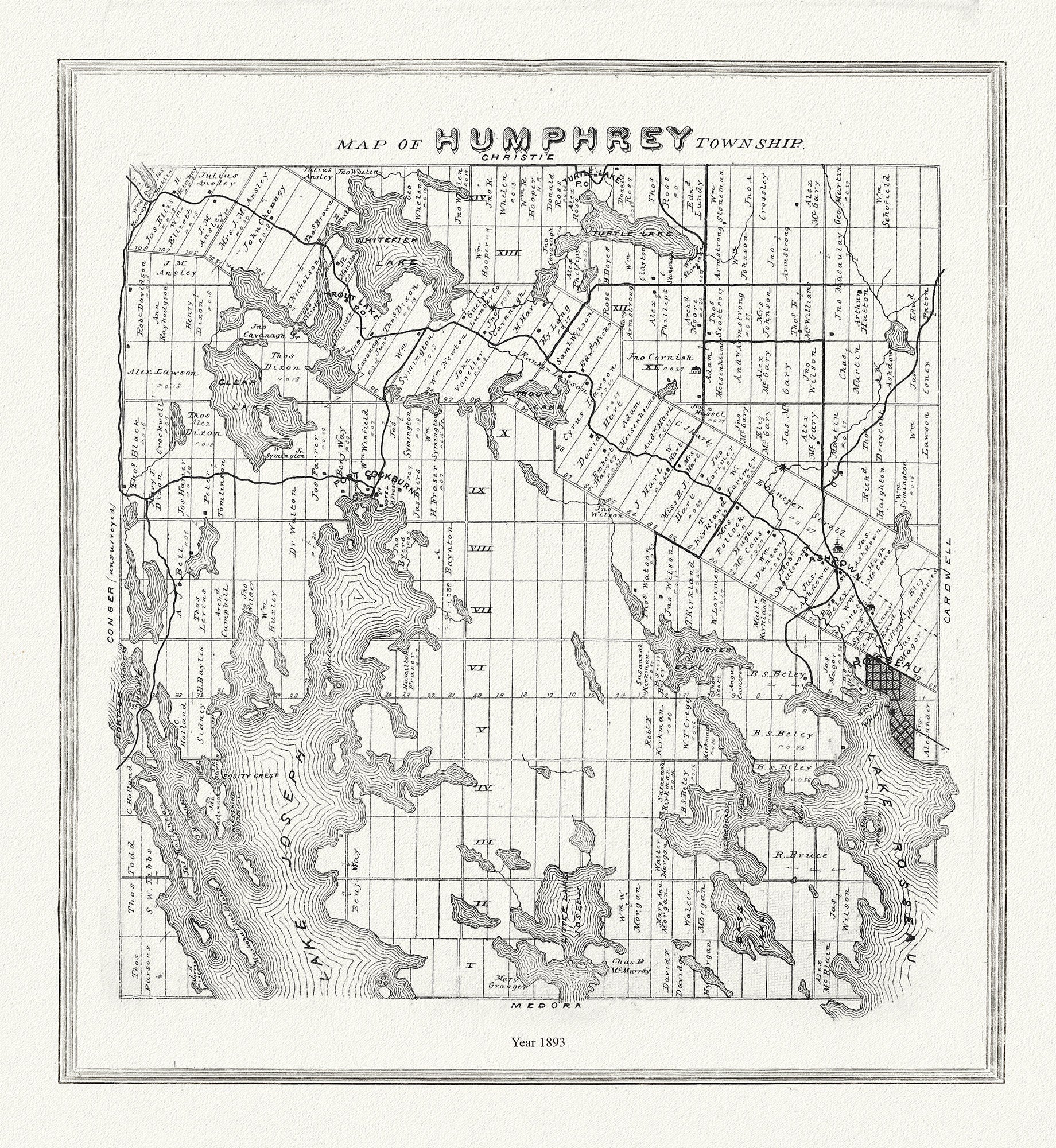 Muskoka - Haliburton, Humphrey Township, 1893 , map on heavy cotton canvas, 20 x 25" approx. - The Map Chest