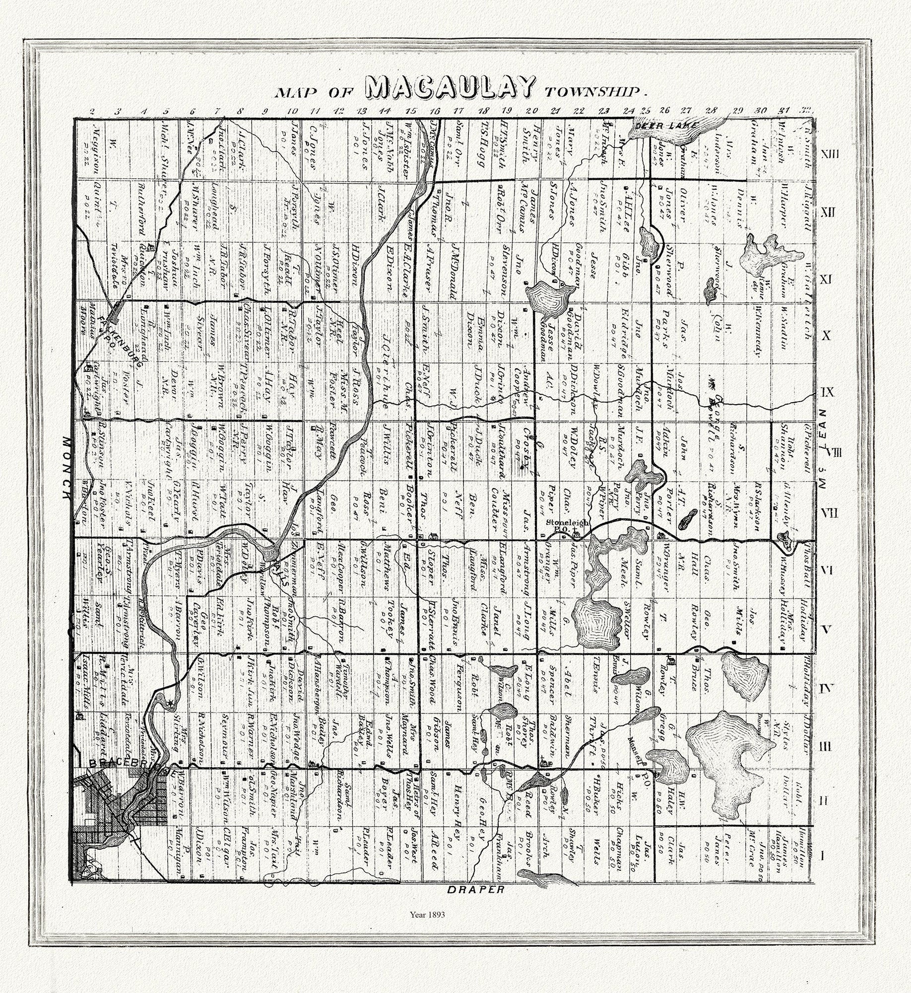 Muskoka - Haliburton, Macauley Township, 1893, map on heavy cotton canvas, 20 x 25" approx. - The Map Chest