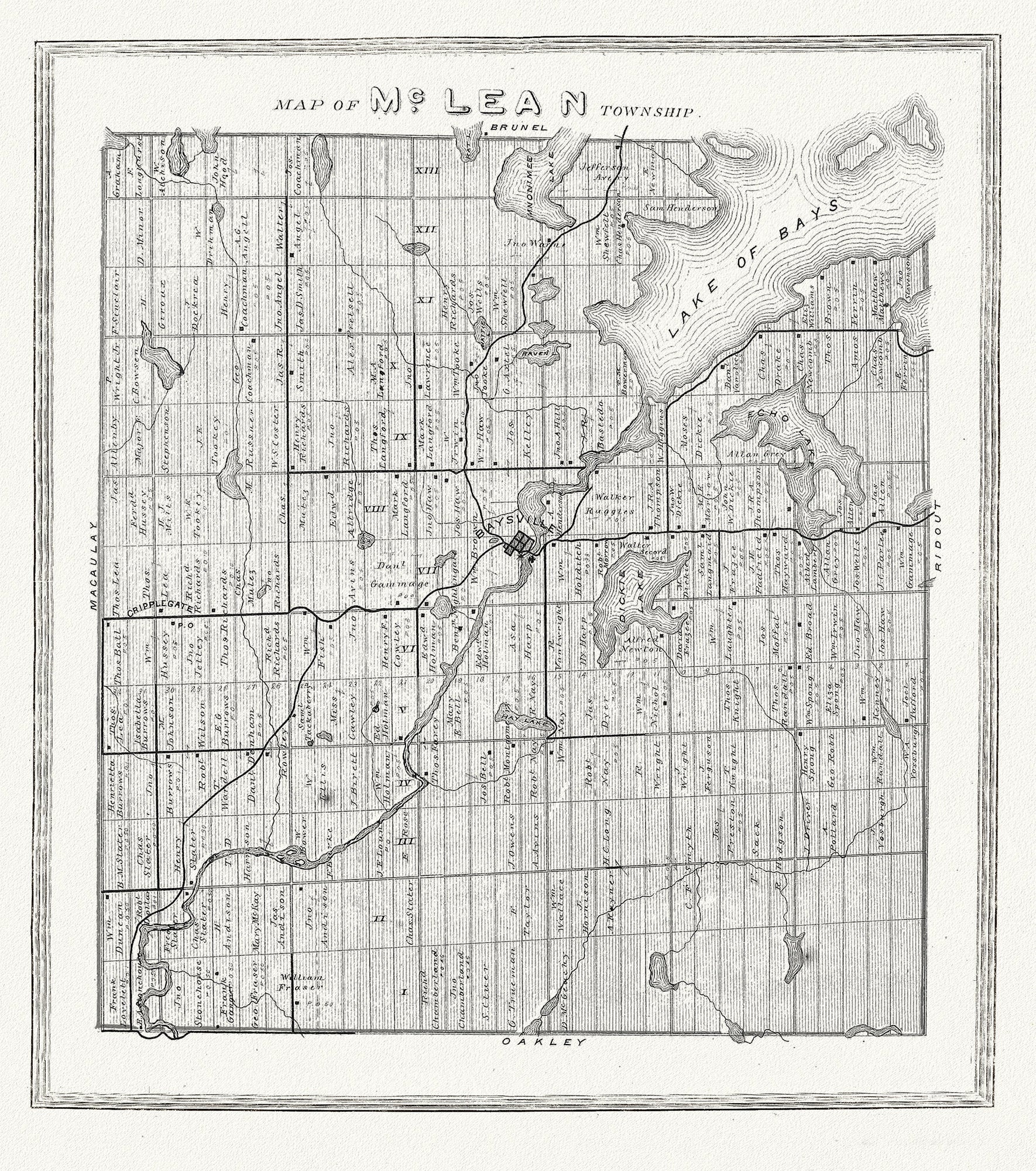 Muskoka - Haliburton, McLean Township, 1893, map on heavy cotton canvas, 20 x 25" approx. - The Map Chest