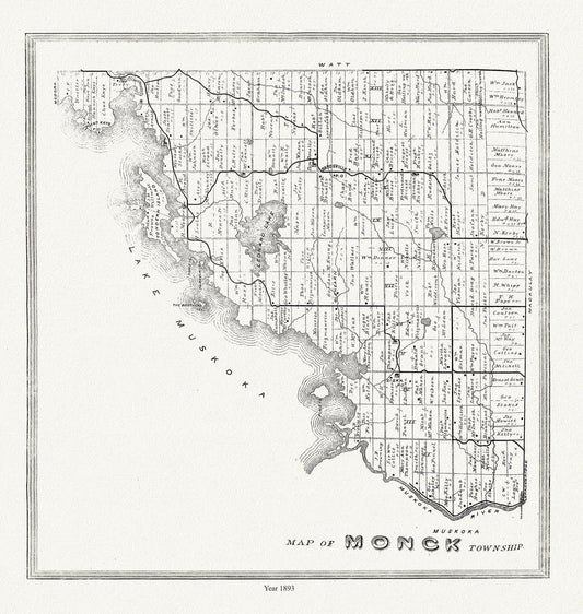 Muskoka - Haliburton, Monck Township, 1893, map on heavy cotton canvas, 20 x 25" approx. - The Map Chest