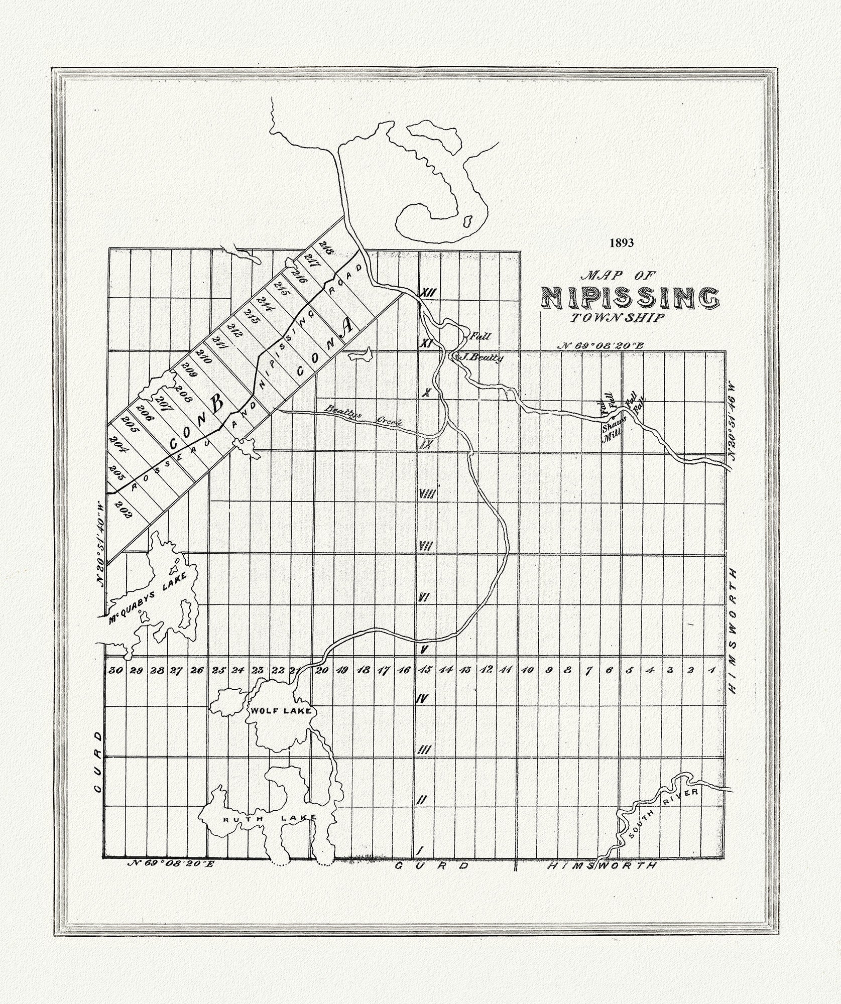 Muskoka - Haliburton, Nipissing Township, 1893, map on heavy cotton canvas, 20 x 25" approx. - The Map Chest
