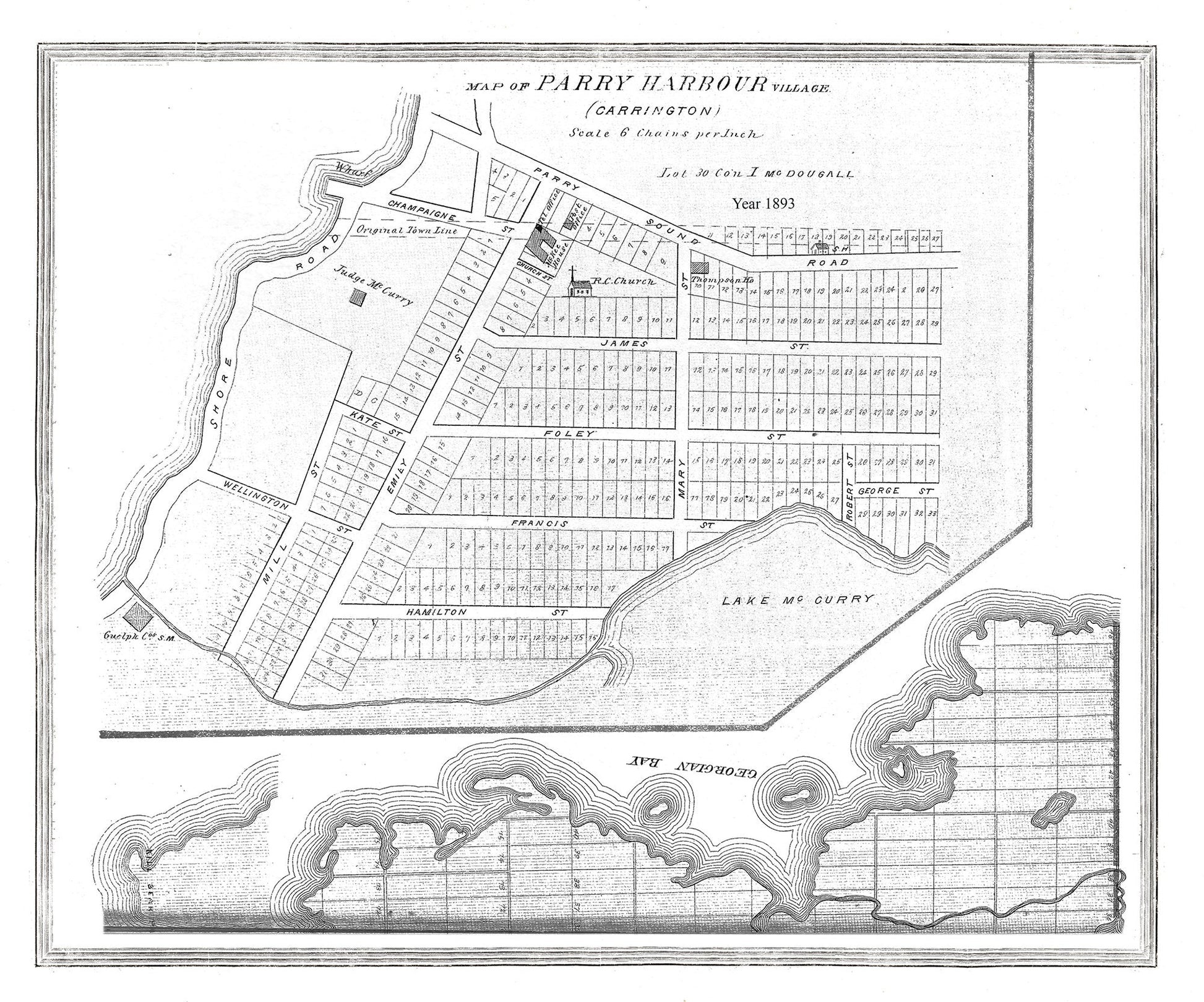 Muskoka - Haliburton, Parry Harbour Village, 1893, map on heavy cotton canvas, 20 x 25" approx. - The Map Chest