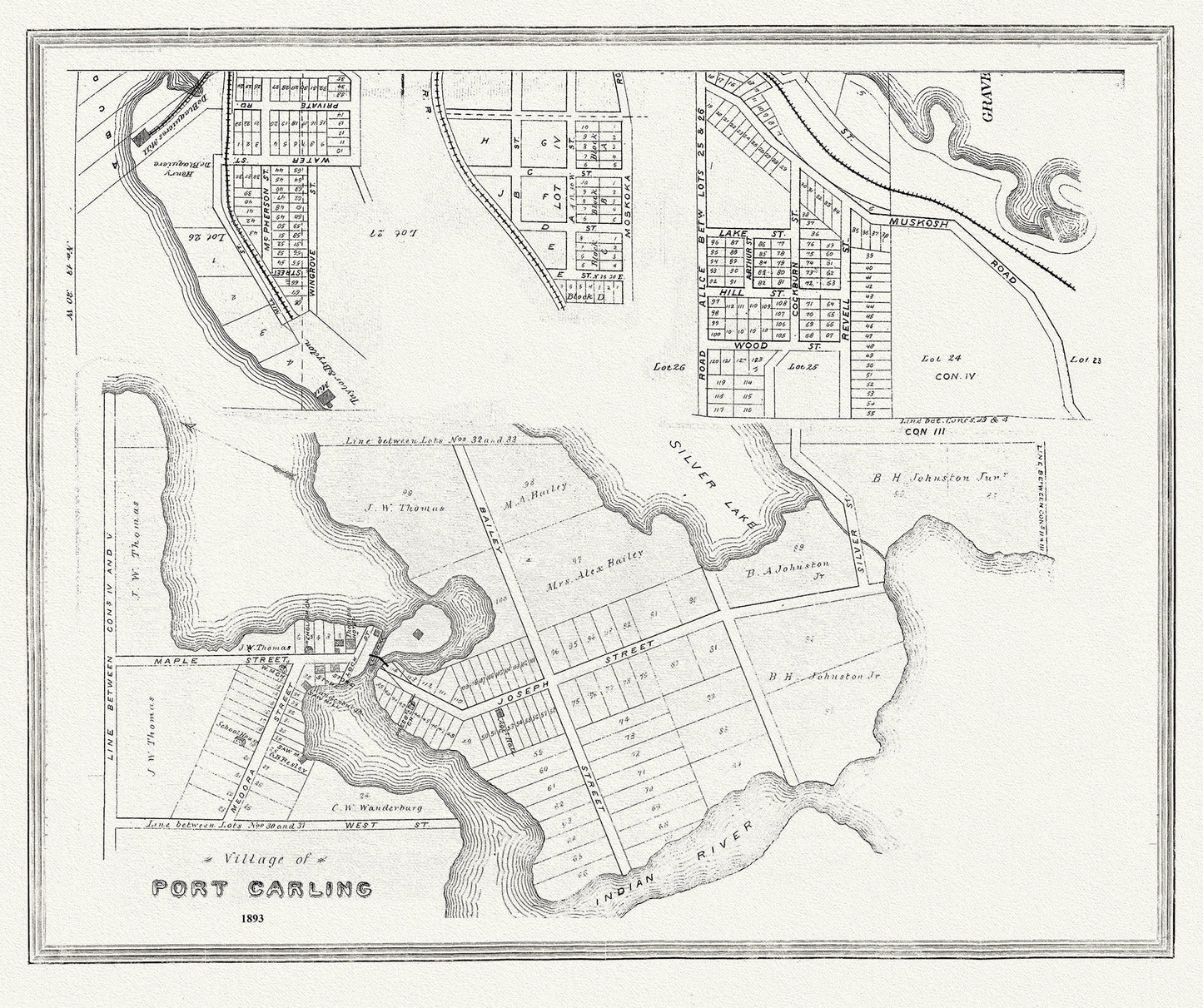 Muskoka - Haliburton, Port Carling, 1893 , map on heavy cotton canvas, 20 x 25" approx. - The Map Chest