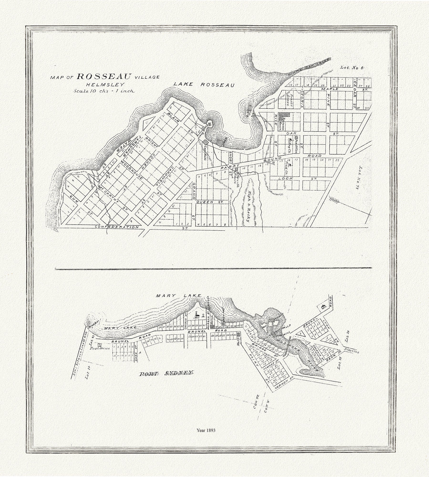 Muskoka - Haliburton, Rosseau Village & Port Sydney, 1893, map on heavy cotton canvas, 20 x 25" approx. - The Map Chest