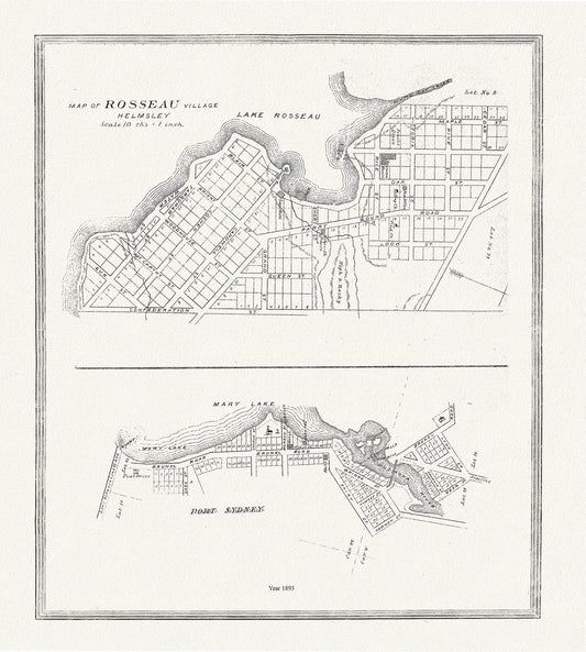Muskoka - Haliburton, Rosseau Village & Port Sydney, 1893, map on heavy cotton canvas, 20 x 25" approx. - The Map Chest