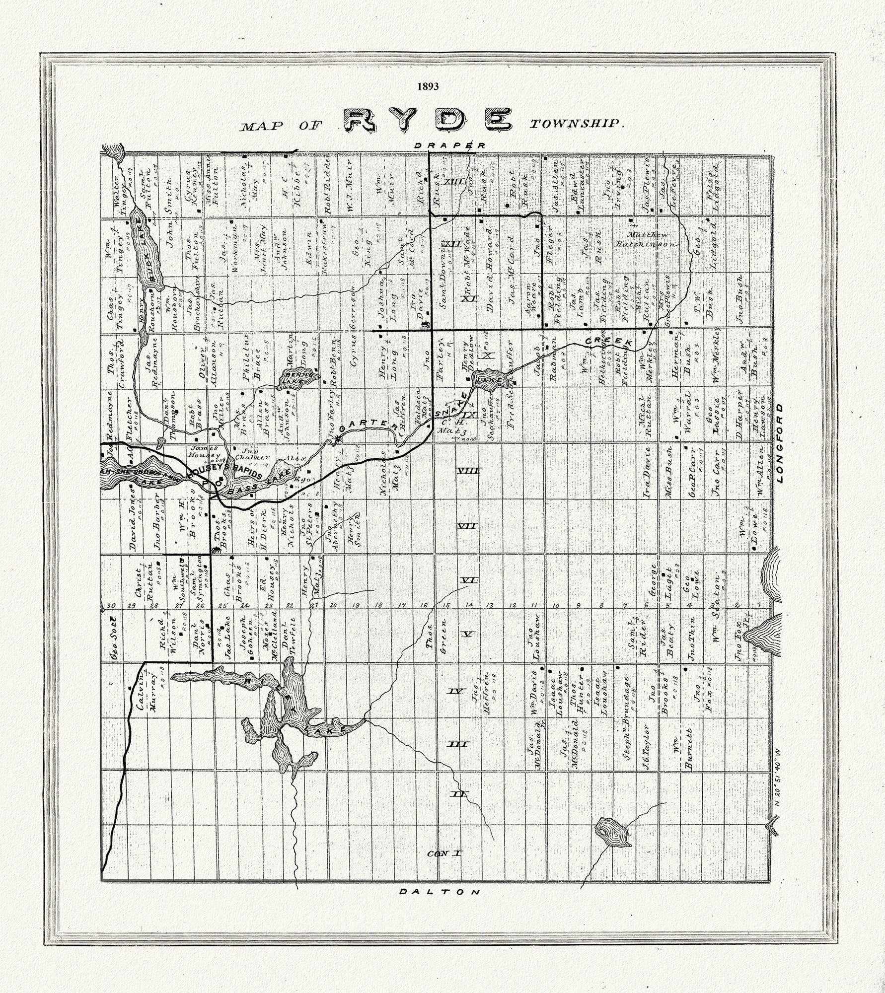 Muskoka - Haliburton, Ryde Township, 1893, map on heavy cotton canvas, 20 x 25" approx. - The Map Chest