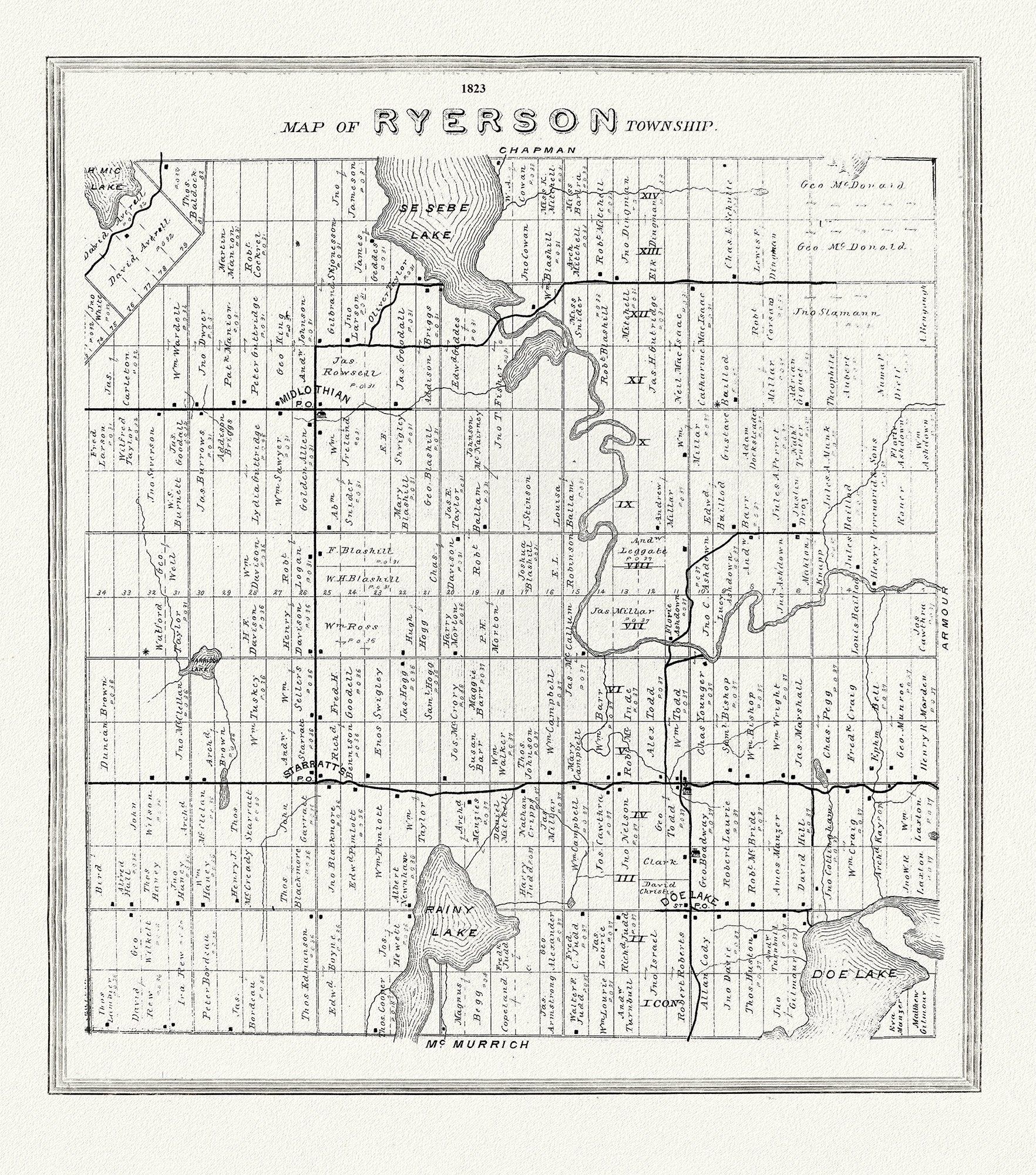 Muskoka - Haliburton, Ryerson Township, 1893, map on heavy cotton canvas, 20 x 25" approx. - The Map Chest