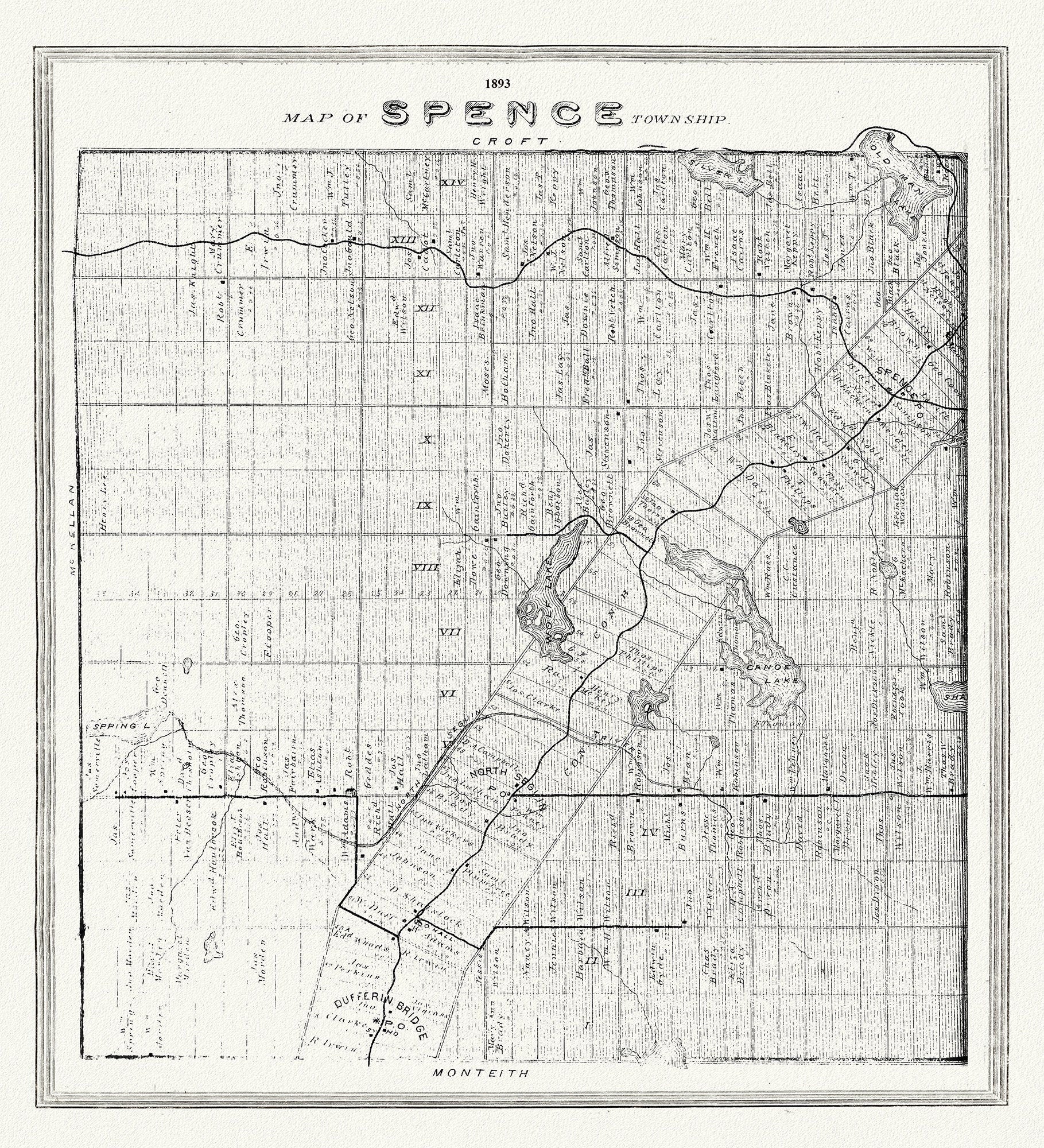Muskoka - Haliburton, Spence Township, 1893, map on heavy cotton canvas, 20 x 25" approx. - The Map Chest