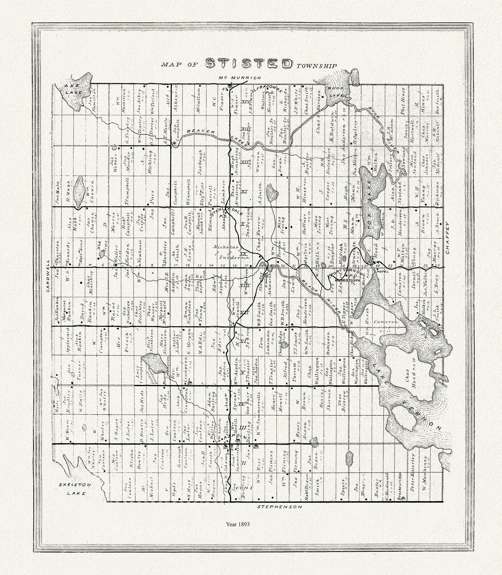 Muskoka - Haliburton, Stisted Township, 1893 , map on heavy cotton canvas, 20 x 25" approx. - The Map Chest