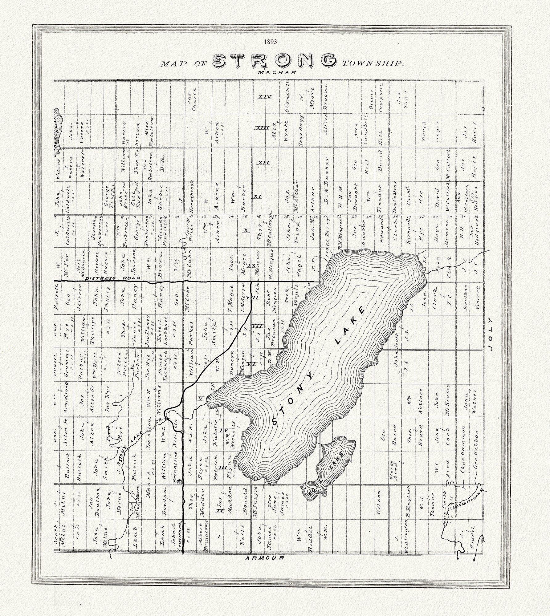 Muskoka - Haliburton, Strong Township, 1893, map on heavy cotton canvas, 20 x 25" approx. - The Map Chest
