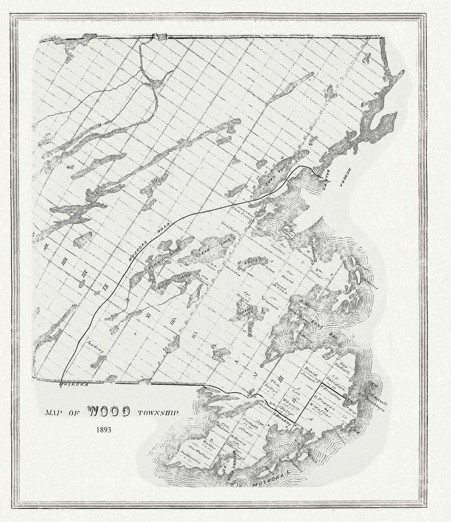 Muskoka - Haliburton, Wood Township, 1893 , map on heavy cotton canvas, 20 x 25" approx. - The Map Chest