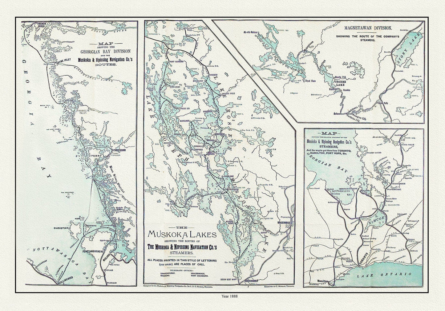 Muskoka Lakes, Guide to Steamer Routes, 1888 , map on durable cotton canvas, 50 x 70 cm, 20 x 25" approx. - The Map Chest