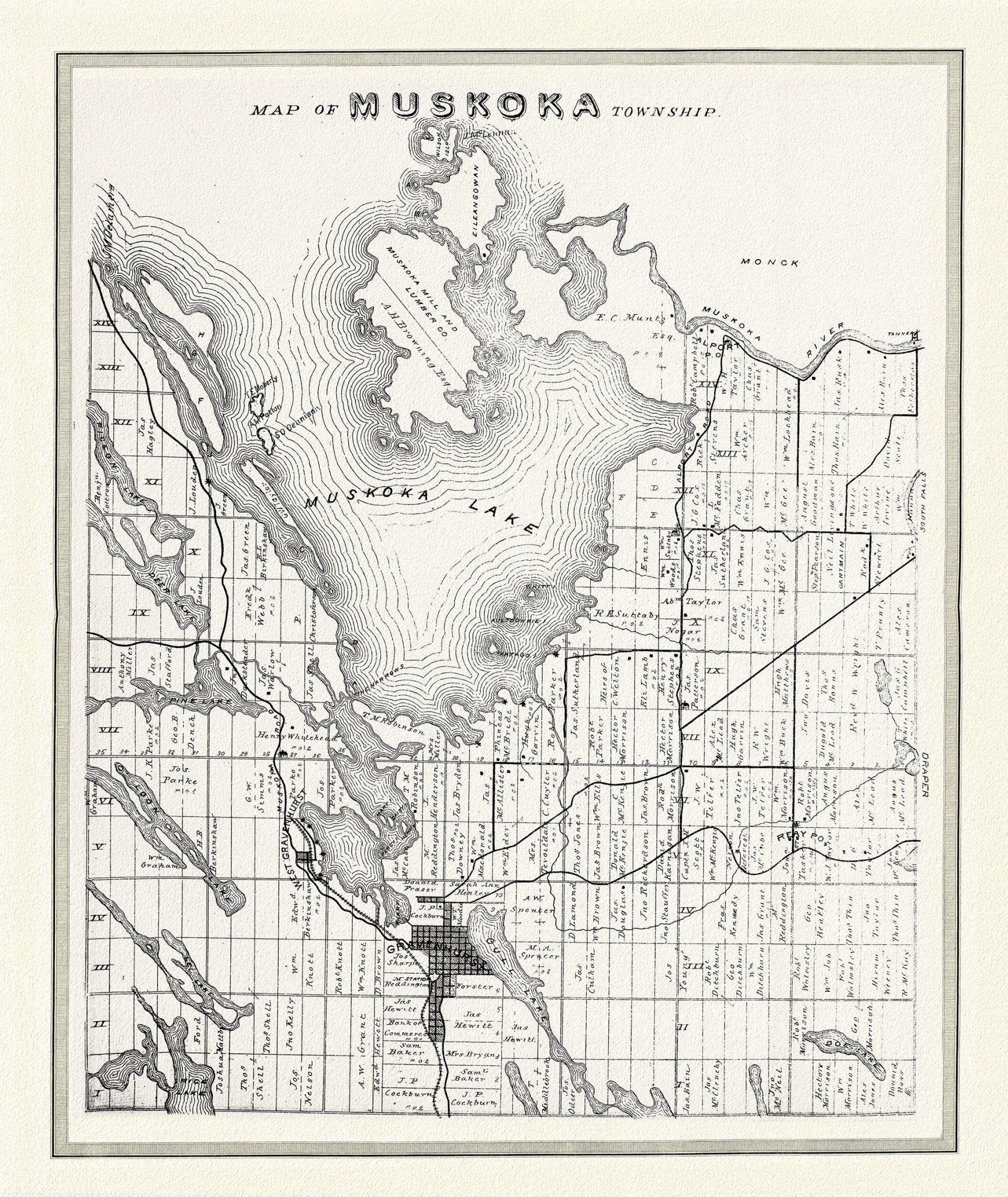 Muskoka Township, 1893, map on heavy cotton canvas, 22x27" approx. - The Map Chest