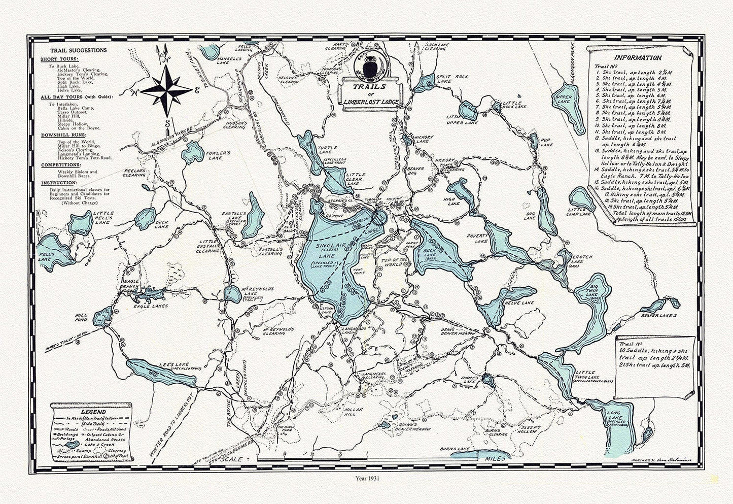 Muskoka, Trails of Limberlost Lodge,1931 , map on heavy cotton canvas, 45 x 65 cm, 18 x 24" approx. - The Map Chest