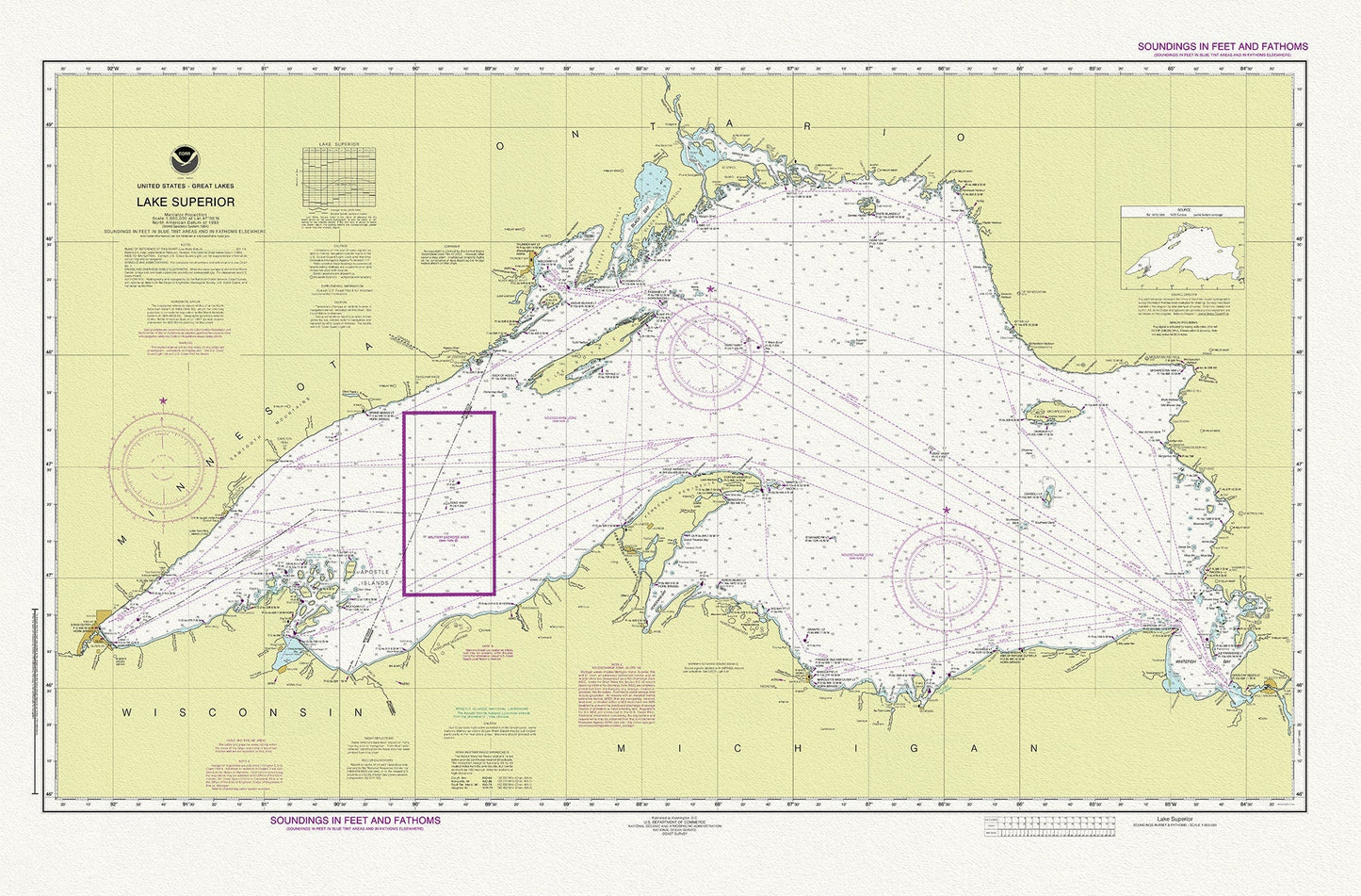 Nautical Chart of Lake Superior, 2016, map on heavy cotton canvas, 50 x 70cm, 20 x 25" approx. - The Map Chest