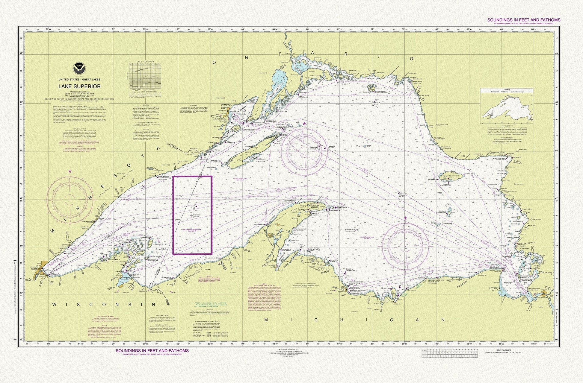 Nautical Chart of Lake Superior, 2016, map on heavy cotton canvas, 50 x 70cm, 20 x 25" approx. - The Map Chest