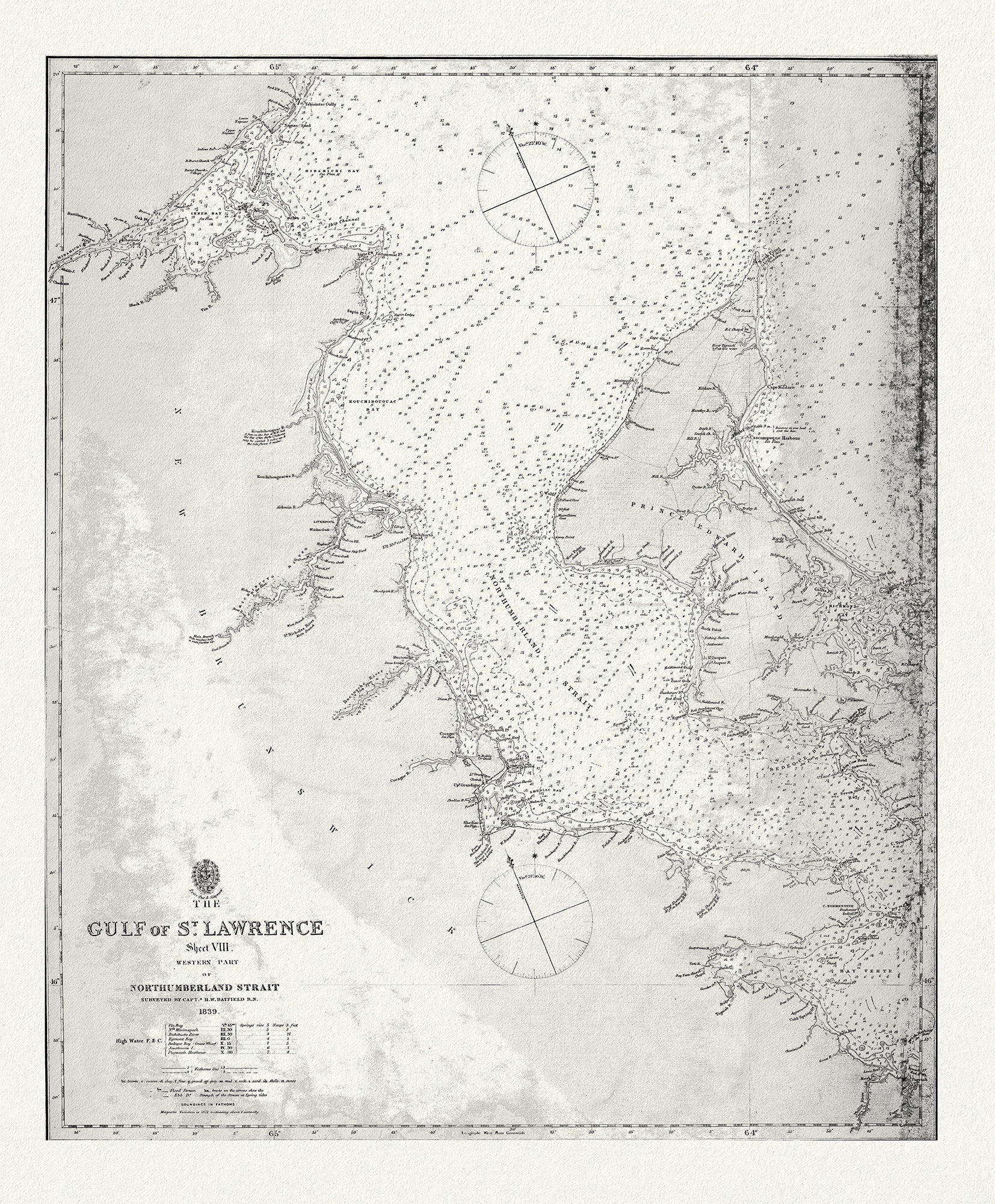 Nautical Chart, The Gulf of St. Lawrence, Western Part of Northumberland Strait, 1839, map on heavy cotton canvas, 20 x 25" approx. - The Map Chest