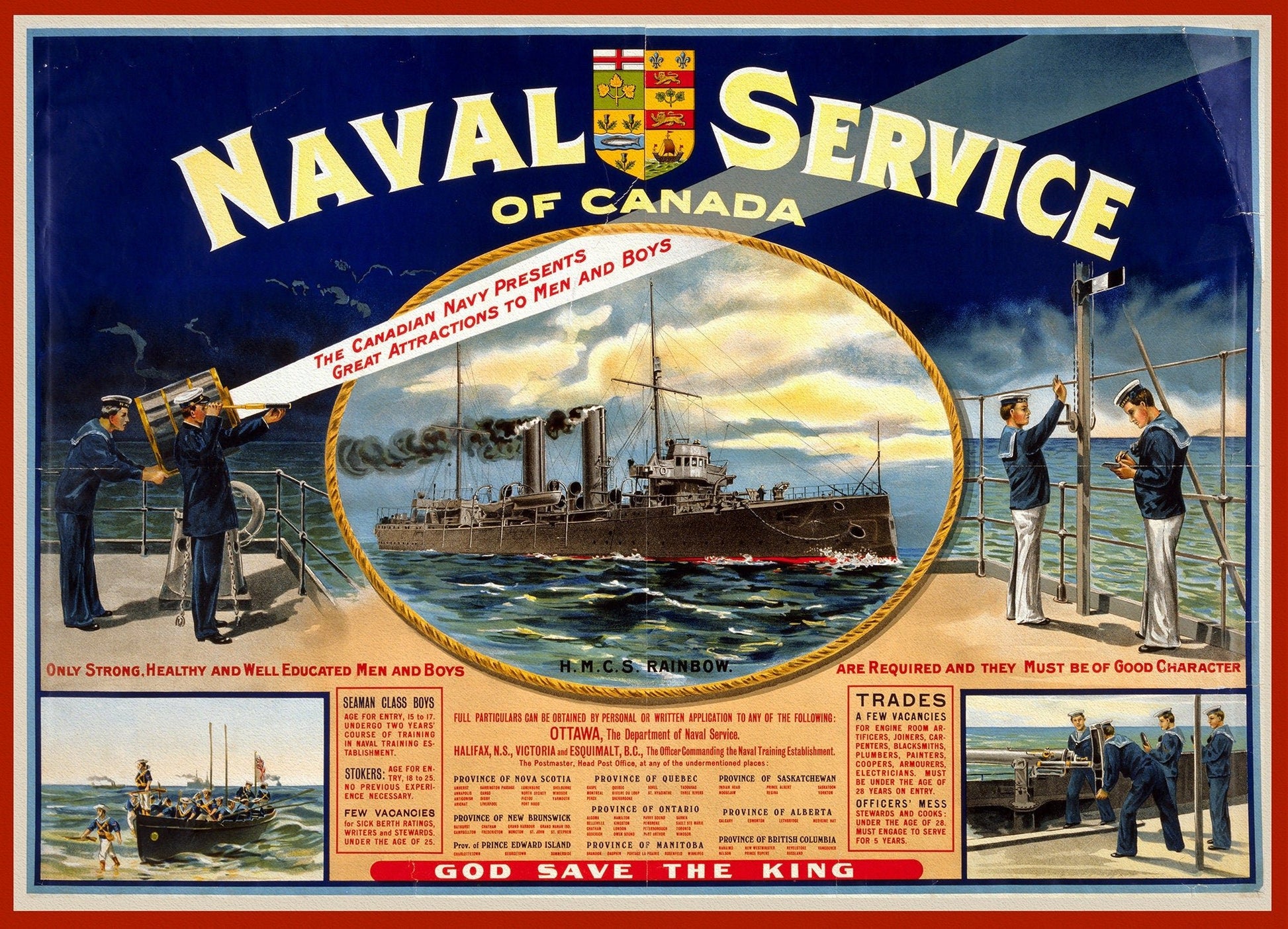 Naval service of Canada. Only strong, healthy and well educated men and boys are required, 1915, on heavy cotton canvas, 22x27in. approx. - The Map Chest