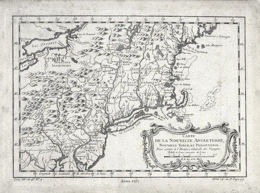 New England, 1757, Bellin auth. , map on heavy cotton canvas, 50 x 70cm, 20 x 25" approx. - The Map Chest