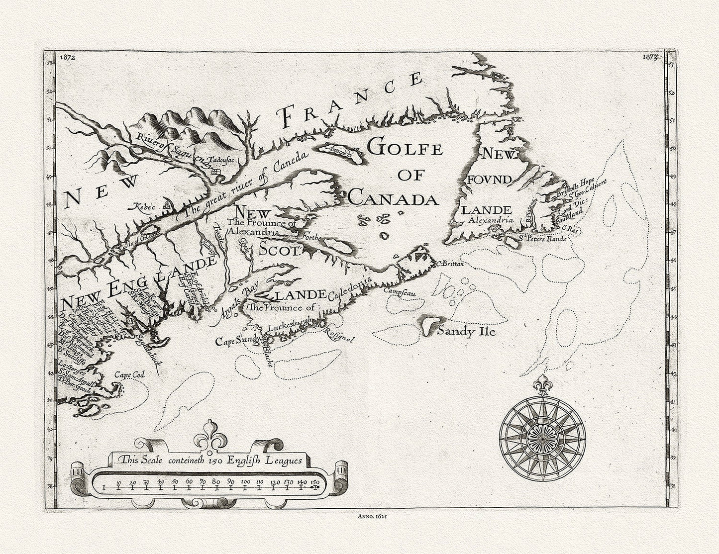 New England, Canada, Nova Scotia, Newfoundland, Alexander auth., 1625 Ver. B, map on heavy cotton canvas, 50 x 70 cm, 20 x 25" approx. - The Map Chest
