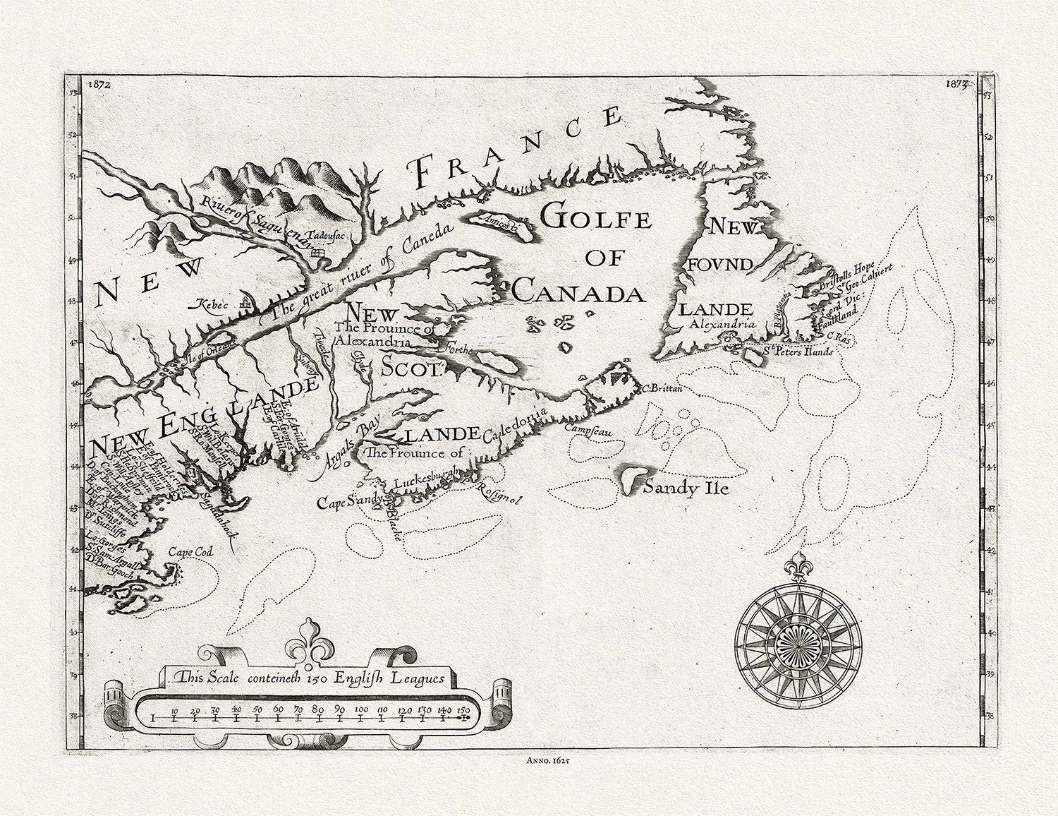 New England, Canada, Nova Scotia, Newfoundland, Alexander auth., 1625 Ver. B, map on heavy cotton canvas, 50 x 70 cm, 20 x 25" approx. - The Map Chest