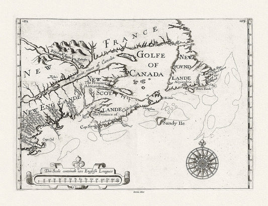 New England, Canada, Nova Scotia, Newfoundland, Alexander auth., 1625 Ver. B, map on heavy cotton canvas, 50 x 70 cm, 20 x 25" approx. - The Map Chest