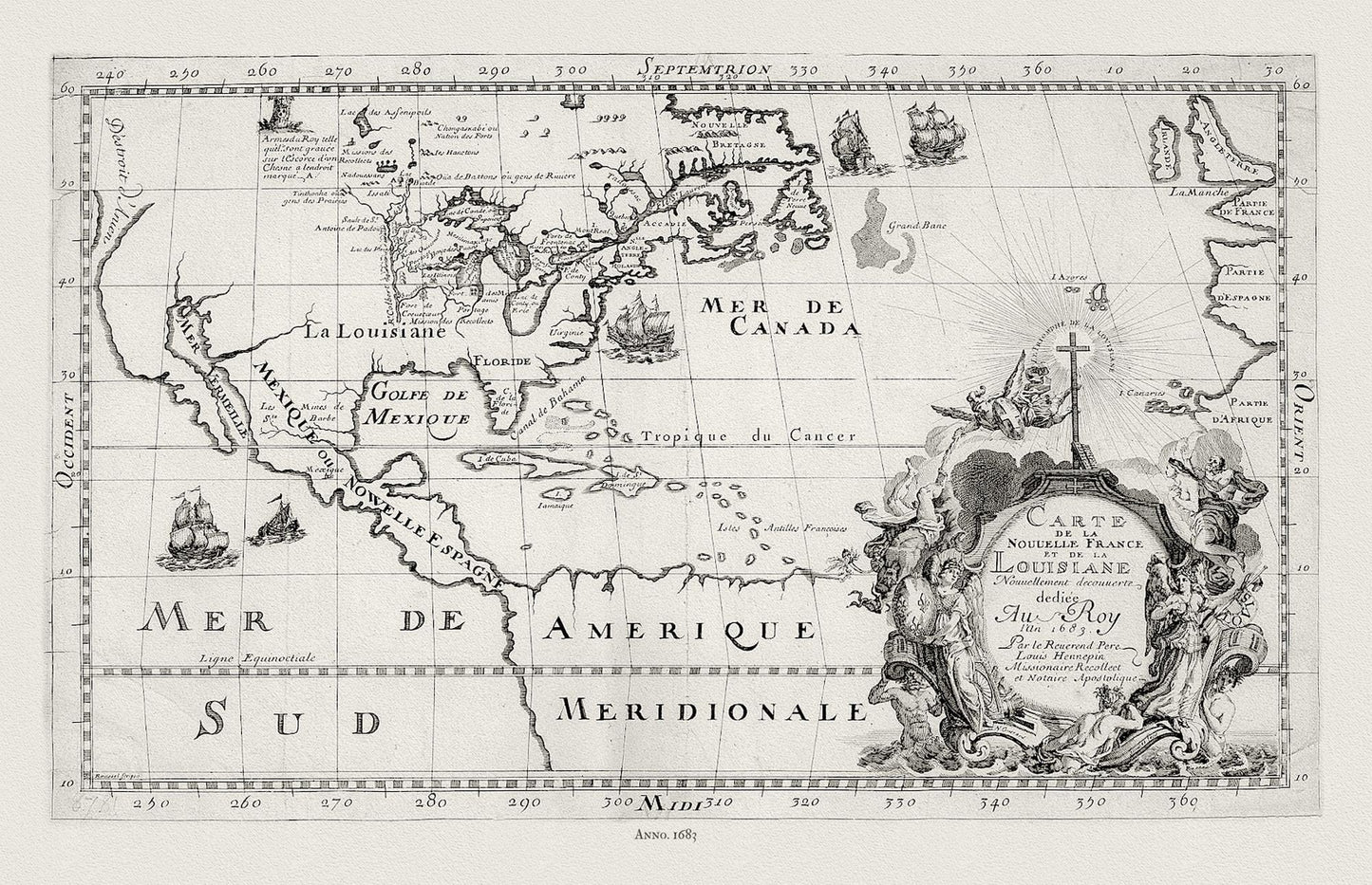 New France, 1683, Hennepin auth., map on durable cotton canvas, 50 x 70 cm, 20 x 25" approx. - The Map Chest