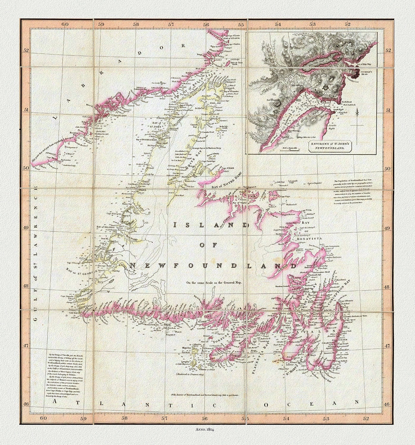 Newfoundland, 1814, Purdie auth., map on durable cotton canvas, 50 x 70 cm, 20 x 25" approx. - The Map Chest