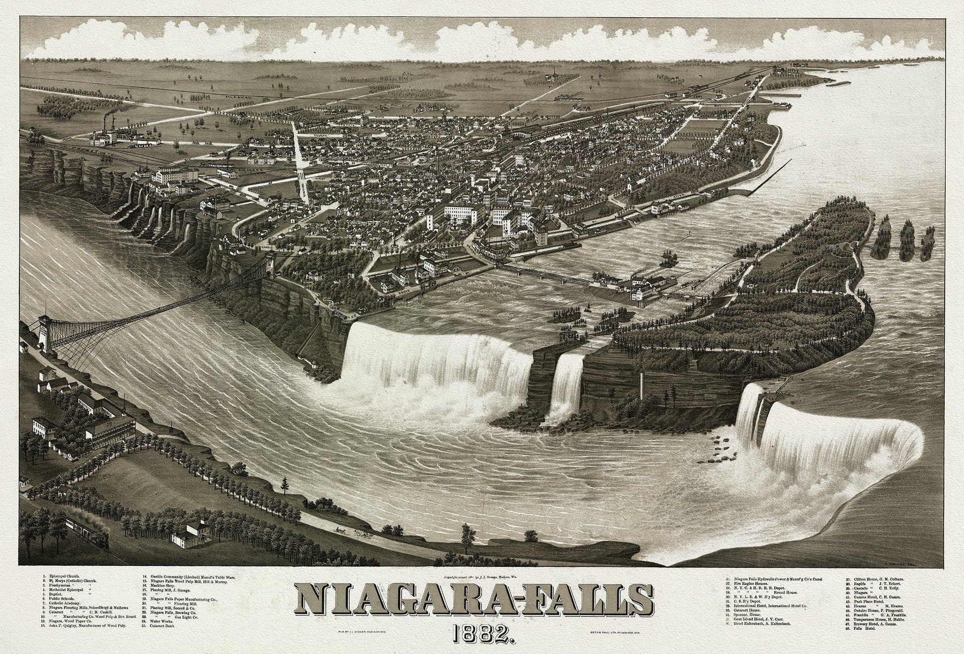 Niagara - Falls, 1882, A Birds' Eye View, , map on heavy cotton canvas, 22x27" approx. - The Map Chest