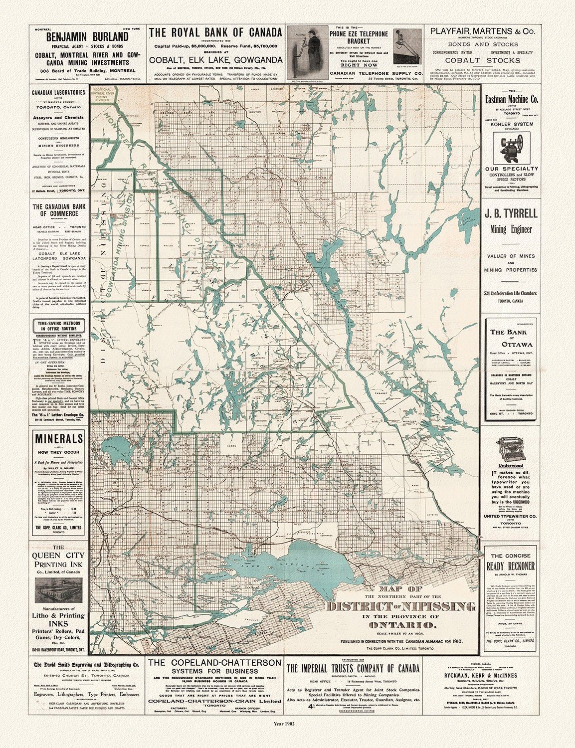 Northern part of the District of Nipissing in the province of Ontario, 1902, map on heavy cotton canvas, 50 x 70cm, 20 x 25" approx. - The Map Chest