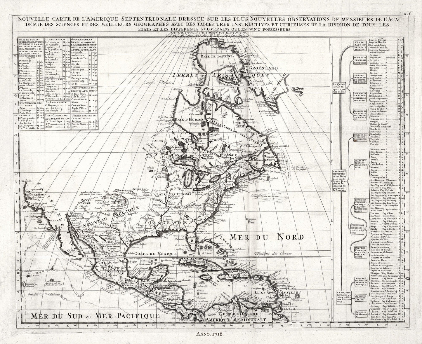 Nouvelle carte de l'Amerique Septentrionale, (North America), 1718, on heavy cotton canvas, 22x27" approx. - The Map Chest