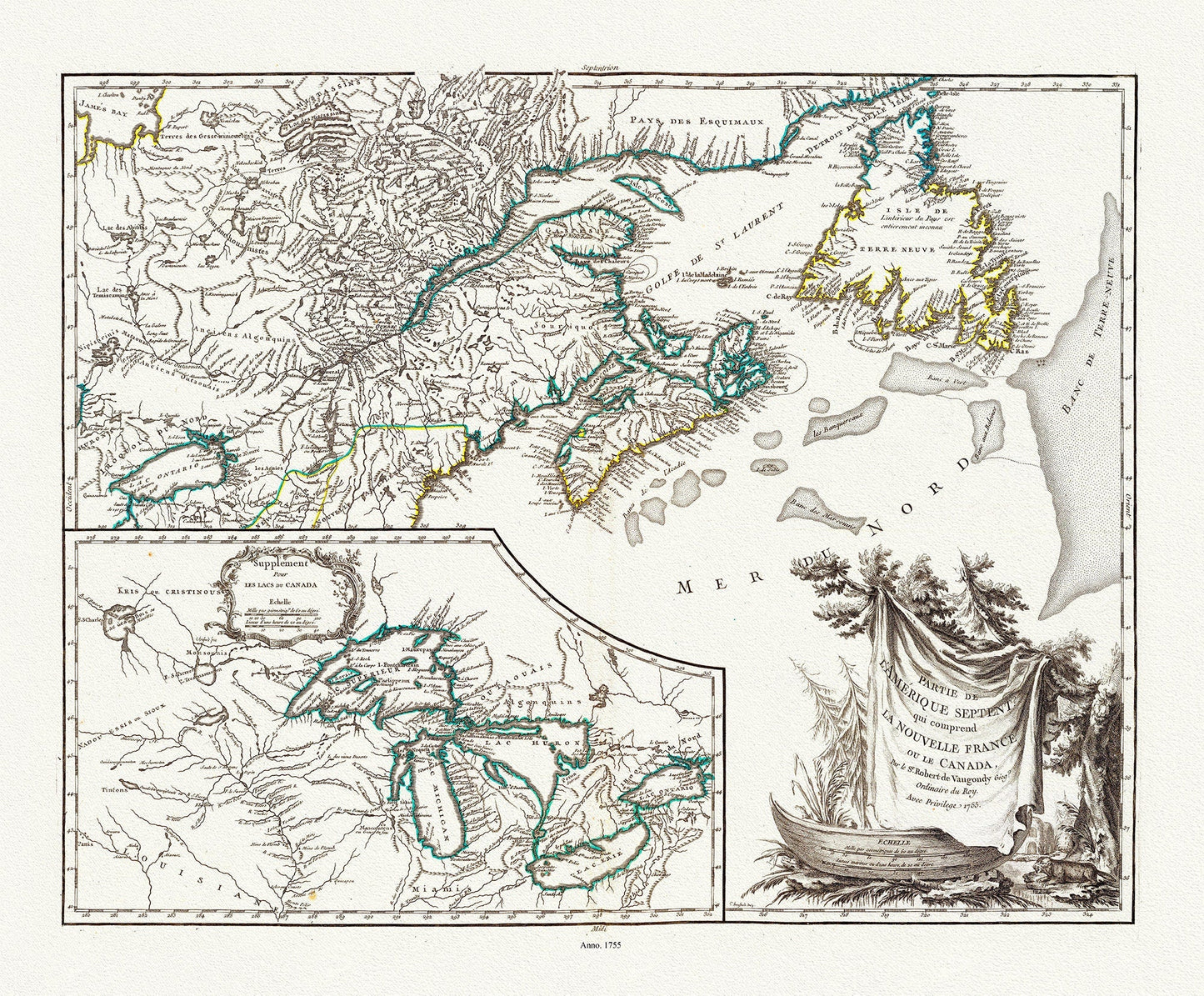 Nouvelle France ou le Canada, 1755, map on heavy cotton canvas, 22x27", 22x27" approx. - The Map Chest