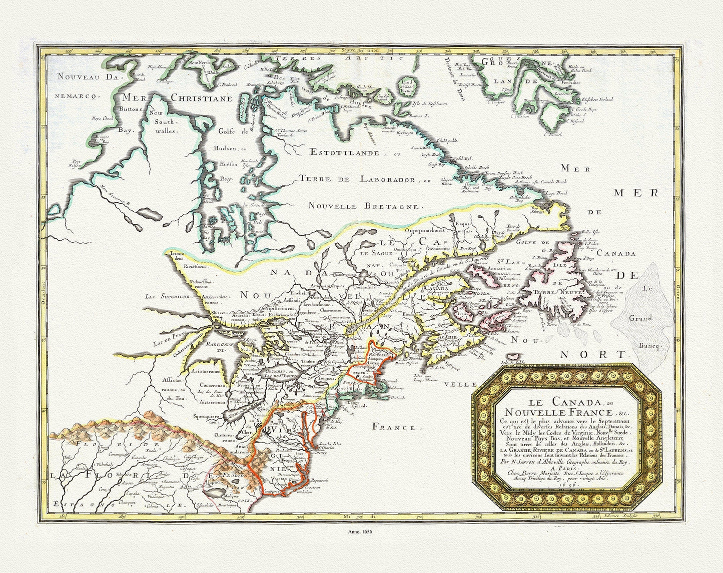 Nouvelle France, qui de diverses Relations des Anglois, Danois. Vers le Midy les Costes de Virginie, Nouvlle Suede, Nouveau Pays Bas, 1656, - The Map Chest