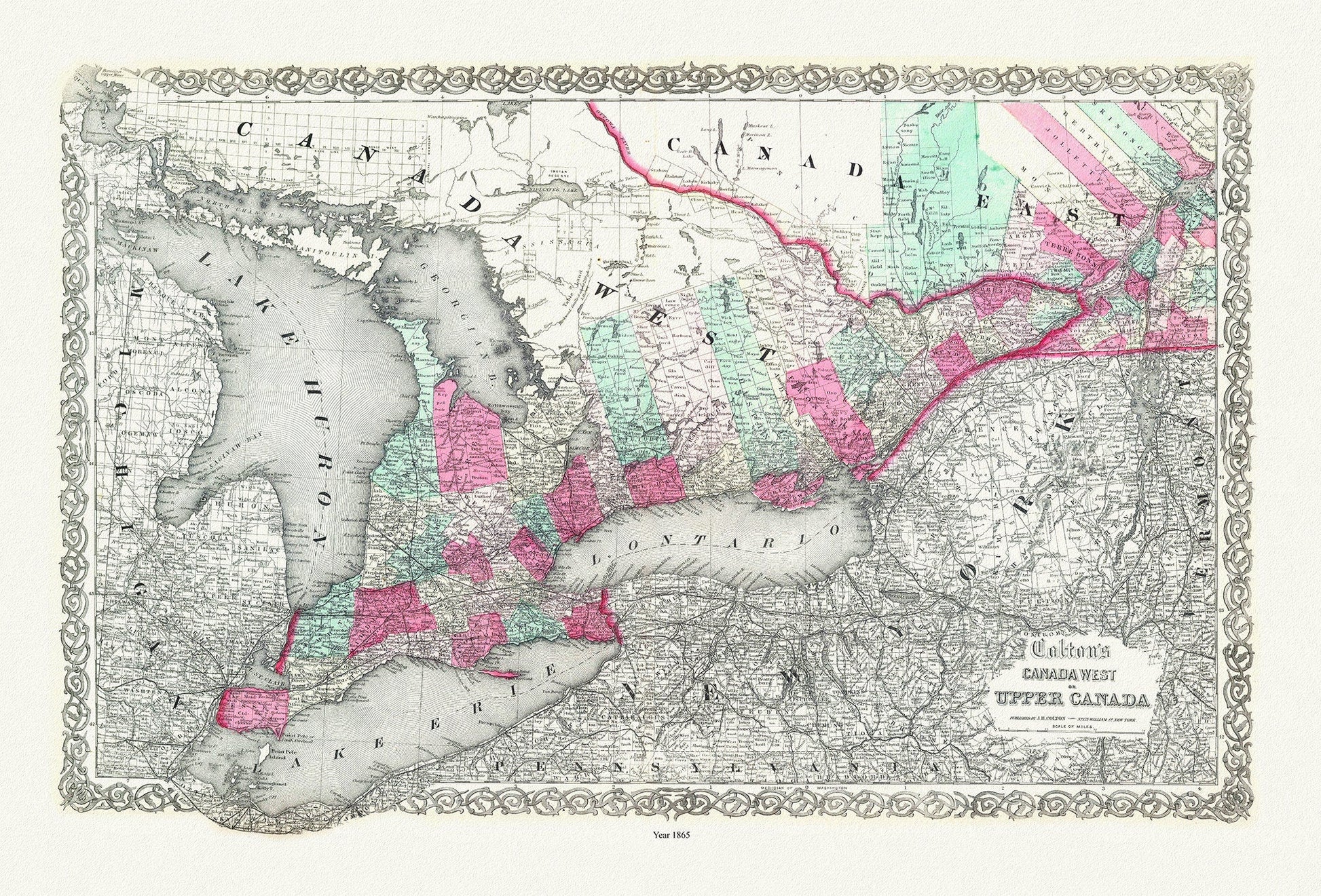 Ontario: Canada West or Upper Canada, Colton auth., 1865 , map on heavy cotton canvas, 50 x 70 cm, 20 x 25" approx. - The Map Chest