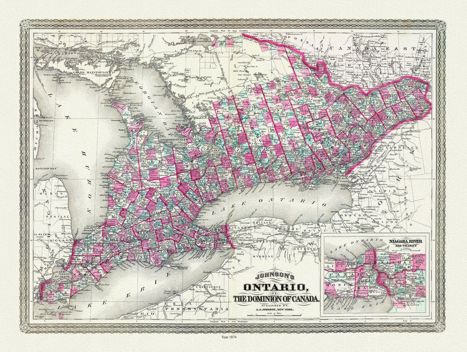 Ontario of the Dominion of Canada, Johnson auth., 1874 , map on heavy cotton canvas, 50 x 70 cm, 20 x 25" approx. - The Map Chest