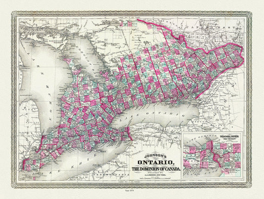 Ontario of the Dominion of Canada, Johnson auth., 1874 , map on heavy cotton canvas, 50 x 70 cm, 20 x 25" approx. - The Map Chest
