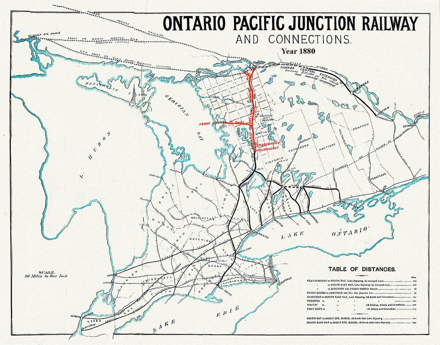 Ontario Pacific Junction Railway and connections, 1880, map on durable cotton canvas, 50 x 70 cm or 20x25" approx. - The Map Chest