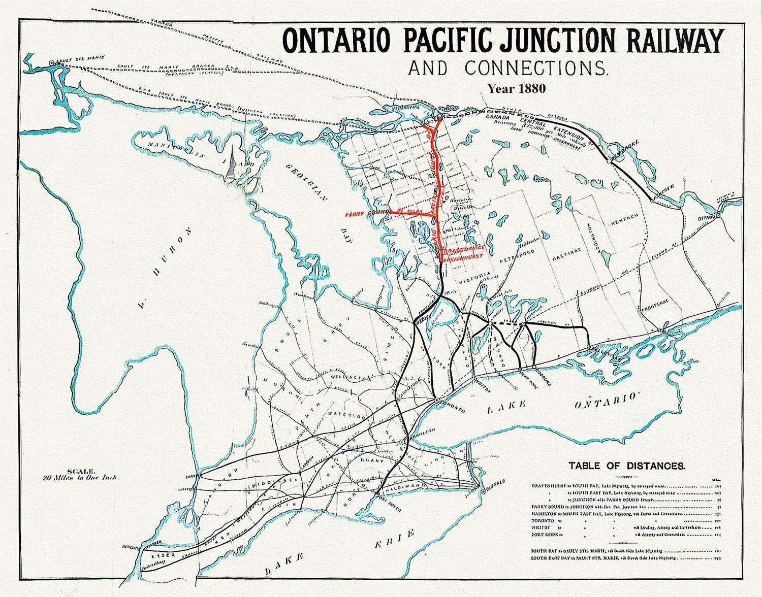 Ontario Pacific Junction Railway and connections, 1880, map on durable cotton canvas, 50 x 70 cm or 20x25" approx. - The Map Chest