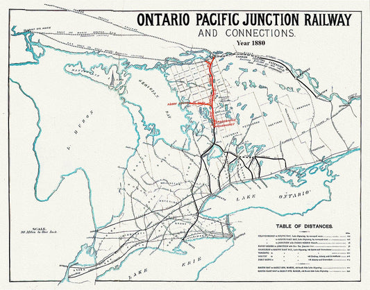 Ontario Pacific Junction Railway and connections, 1880, map on durable cotton canvas, 50 x 70 cm or 20x25" approx. - The Map Chest